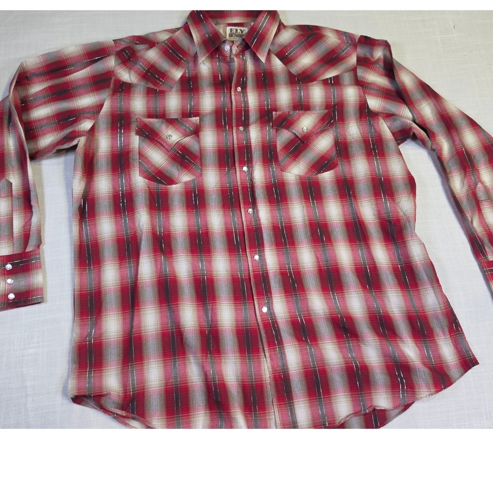 Ely Cattleman Mens XL Red Plaid Metallic Silver Snap Western Cowboy Shirt